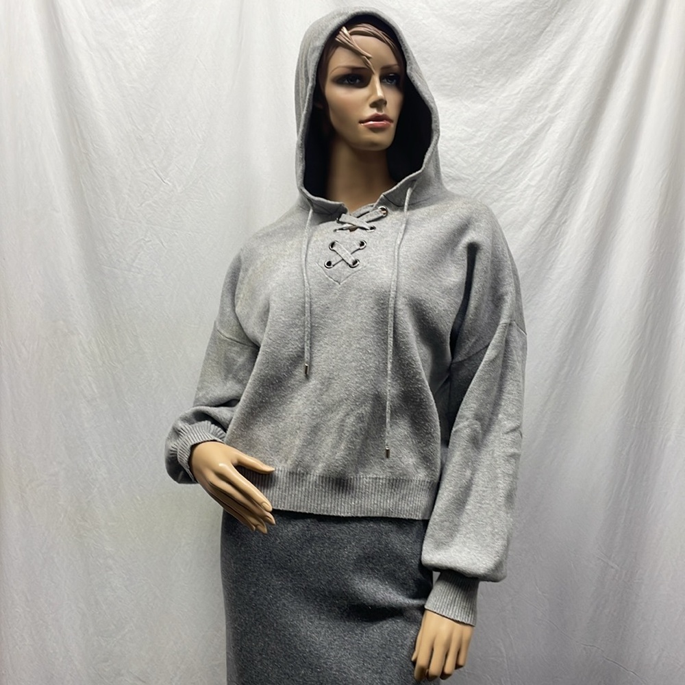 Philosophy Women's Gray Crisscross Tie Pullover Sweater Hoodie